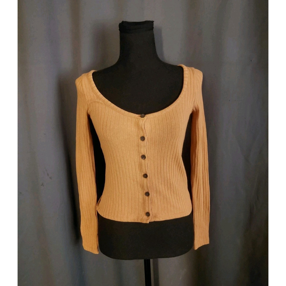 Madewell Womens Ribbed Cardigan Crop Top Mustard Yellow Button Up Size XXS NWT